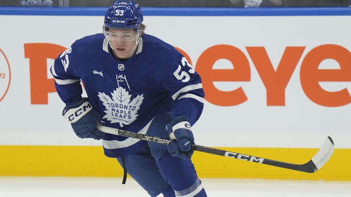 Sep 25, 2023; Toronto, Ontario, CAN; Toronto Maple Leafs forward Easton Cowan (53) skates during warm up before a game against the Ottawa Senators at Scotiabank Arena. Mandatory Credit: John E. Sokolowski-Imagn Images