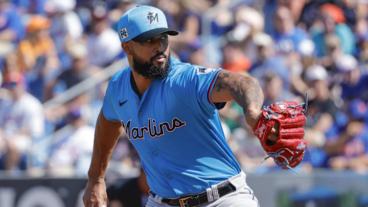 Feb 23, 2025; Port St. Lucie, Florida, USA;  Miami Marlins pitcher Sandy Alcantara (22) throws during the first inning against the New York Mets at Clover Park. Mandatory Credit: Reinhold Matay-Imagn Images