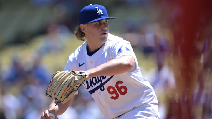 Apr 17, 2024; Los Angeles, California, USA;  Los Angeles Dodgers pitcher Landon Knack (96) throws to