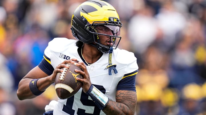 Michigan quarterback Bryce Underwood (19) looks to pass the ball during the spring game at Michigan Stadium in Ann Arbor on Saturday, April 18, 2026.