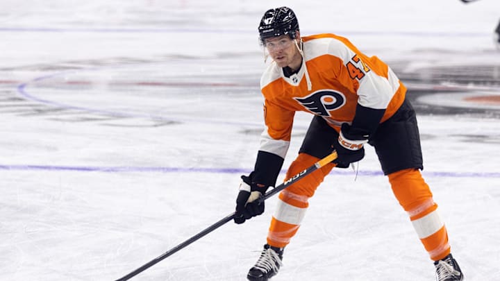 Oct 4, 2022; Philadelphia, Pennsylvania, USA; Philadelphia Flyers defenseman Ronnie Attard (47) pregame against the New York Islanders at Wells Fargo Center. Mandatory Credit: Bill Streicher-Imagn Images