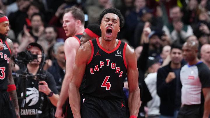 Nov 26, 2025; Toronto, Ontario, CAN; Toronto Raptors forward Scottie Barnes (4) celebrates the win against the Indiana Pacers at the end the fourth quarter at Scotiabank Arena. Mandatory Credit: Nick Turchiaro-Imagn Images Nov 26, 2025; Toronto, Ontario, CAN; Toronto Raptors forward Scottie Barnes (4) celebrates the win against the Indiana Pacers at the end the fourth quarter at Scotiabank Arena. Mandatory Credit: Nick Turchiaro-Imagn Images
