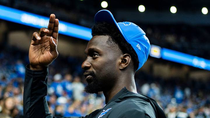 Detroit Lions safety Kerby Joseph waves to the crowd ahead of a game against the New Orleans Saints at Ford Field in Detroit on Sunday Sept. 13, 2026.
