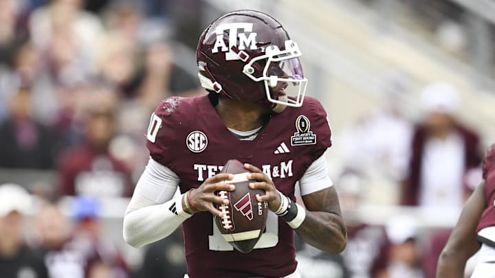 Dec 20, 2025; College Station, TX, USA; Texas A&M Aggies quarterback Marcel Reed (10) drops back to pass against the Miami Hurricanes during first half of the first round game of the CFP National Playoff at Kyle Field. Mandatory Credit: Maria Lysaker-Imagn Images