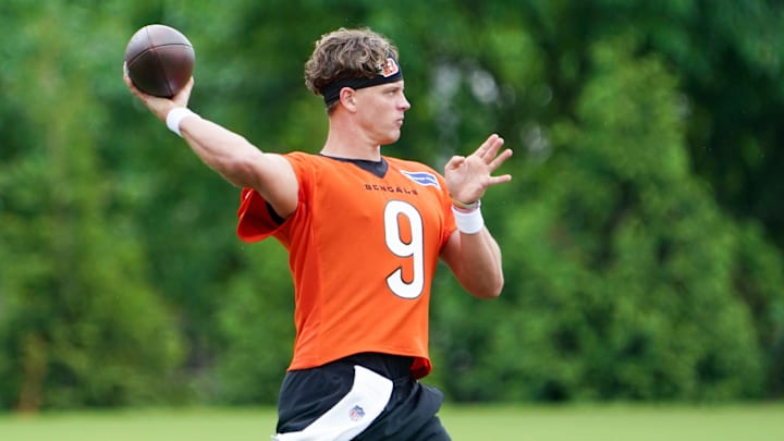 Cincinnati Bengals quarterback Joe Burrow (9) runs through drills during practice, Tuesday, May 13, 2025, at Kettering Health Practice Fields in Downtown Cincinnati.