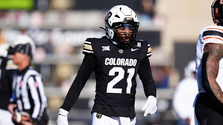 Nov 29, 2024; Boulder, Colorado, USA; Colorado Buffaloes safety Shilo Sanders (21) reacts in the second quarter against the Oklahoma State Cowboys at Folsom Field. Mandatory Credit: Ron Chenoy-Imagn Images Nov 29, 2024; Boulder, Colorado, USA; Colorado Buffaloes safety Shilo Sanders (21) reacts in the second quarter against the Oklahoma State Cowboys at Folsom Field. Mandatory Credit: Ron Chenoy-Imagn Images
