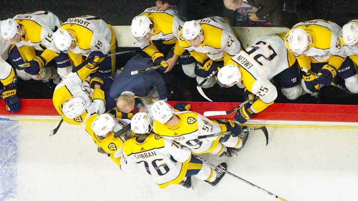 Nov 26, 2017; Raleigh, NC, USA; Nashville Predators assistant coach Dan Muse talks to the players during the time out during the third period against the Carolina Hurricanesat PNC Arena. The Carolina Hurricanes defeated the Nashville Predators 4-3 in the shoot out. Mandatory Credit: James Guillory-Imagn Images Nov 26, 2017; Raleigh, NC, USA; Nashville Predators assistant coach Dan Muse talks to the players during the time out during the third period against the Carolina Hurricanesat PNC Arena. The Carolina Hurricanes defeated the Nashville Predators 4-3 in the shoot out. Mandatory Credit: James Guillory-Imagn Images