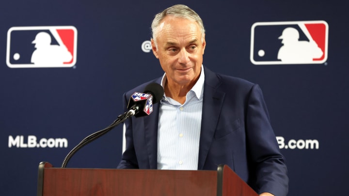 Feb 15, 2024; Tampa, FL, USA; MLB commissioner Rob Manfred talks with media at George M. Steinbrenner Field Feb 15, 2024; Tampa, FL, USA; MLB commissioner Rob Manfred talks with media at George M. Steinbrenner Field