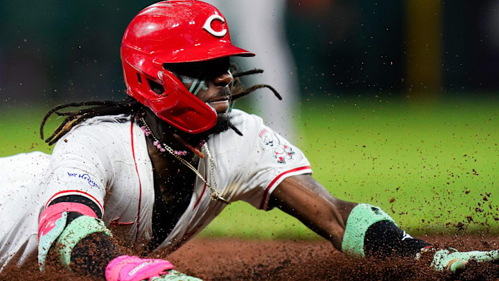 Cincinnati Reds shortstop Elly De La Cruz (44) slides onto third base in the sixth inning of a MLB game between the Cincinnati Reds and Atlanta Braves, Wednesday, Sept. 18, 2024, at Great American Ball Park in downtown Cincinnati. Braves won 7-1.