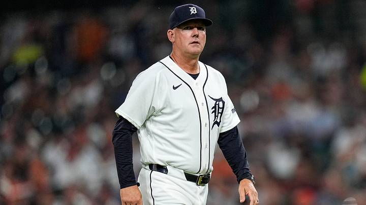 Detroit Tigers manager A.J. Hinch (14) walks off the field after a pitching change. Credit