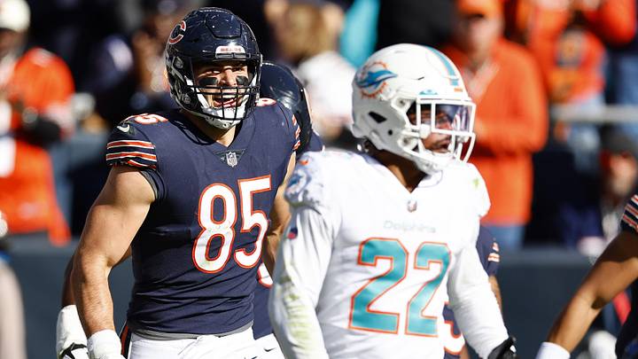 Chicago Bears tight end Cole Kmet (85) reacts after scoring a touchdown against the Miami Dolphins during the second half at Soldier Field in 2022. Chicago Bears tight end Cole Kmet (85) reacts after scoring a touchdown against the Miami Dolphins during the second half at Soldier Field in 2022.