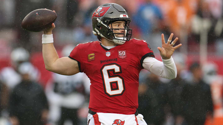 Jan 3, 2026; Tampa, Florida, USA; Tampa Bay Buccaneers quarterback Baker Mayfield (6) throws a pass against the Carolina Panthers in the first half at Raymond James Stadium. Mandatory Credit: Nathan Ray Seebeck-Imagn Images Jan 3, 2026; Tampa, Florida, USA; Tampa Bay Buccaneers quarterback Baker Mayfield (6) throws a pass against the Carolina Panthers in the first half at Raymond James Stadium. Mandatory Credit: Nathan Ray Seebeck-Imagn Images