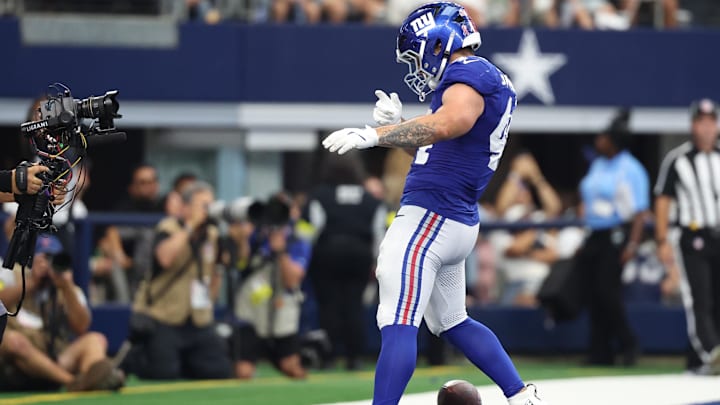 Sep 14, 2025; Arlington, Texas, USA; New York Giants running back Cam Skattebo (44) reacts after scoring a touchdown against the Dallas Cowboys during the fourth quarter at AT&T Stadium. Sep 14, 2025; Arlington, Texas, USA; New York Giants running back Cam Skattebo (44) reacts after scoring a touchdown against the Dallas Cowboys during the fourth quarter at AT&T Stadium.