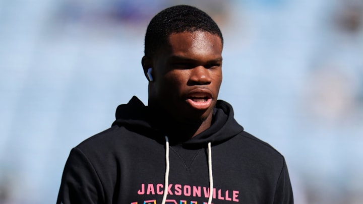 Jacksonville Jaguars wide receiver Travis Hunter (12) walks on the field before an NFL football matchup, Sunday, Oct. 12, 2025, at EverBank Stadium in Jacksonville, Fla. The Seahawks defeated the Jaguars 20-12.