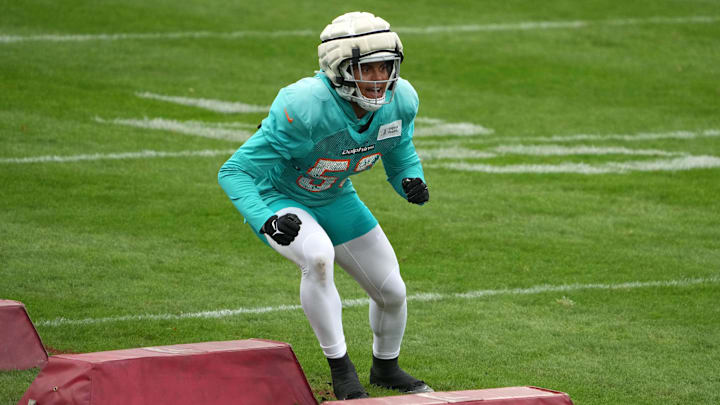 Miami Dolphins linebacker Cameron Goode (53) participates in drills during practice at the PSD Bank Arena in Germany in 2023.