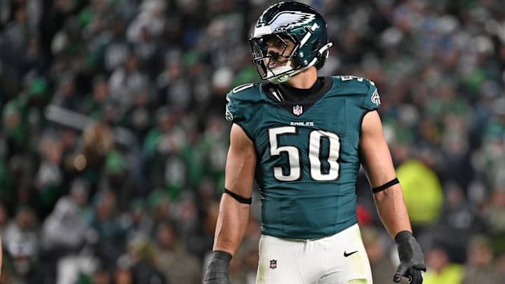 Nov 16, 2025; Philadelphia, Pennsylvania, USA; Philadelphia Eagles linebacker Jaelan Phillips (50) against the Detroit Lions at Lincoln Financial Field. Mandatory Credit: Eric Hartline-Imagn Images