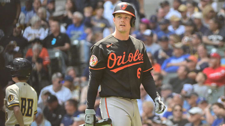 Jun 8, 2023; Milwaukee, Wisconsin, USA; Baltimore Orioles first baseman Ryan Mountcastle (6) reacts after striking out against the Milwaukee Brewers
