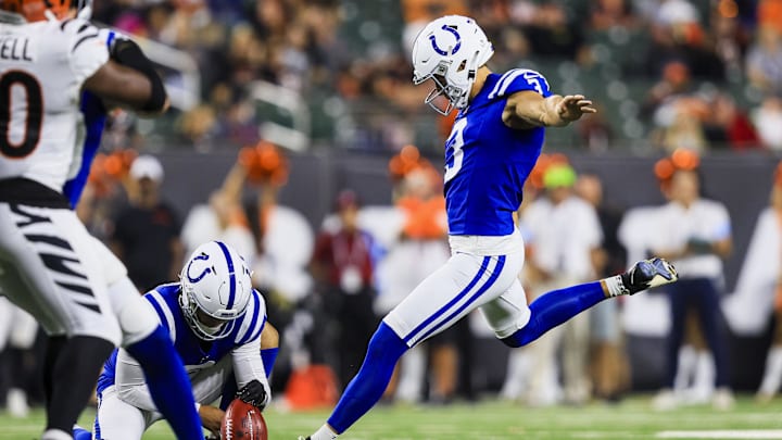 Aug 22, 2024; Cincinnati, Ohio, USA; Indianapolis Colts kicker Spencer Shrader (3) kicks a field goal against the Cincinnati Bengals