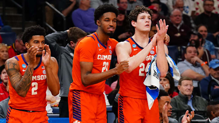 Mar 24, 2024; Memphis, TN, USA; Clemson Tigers center PJ Hall (24) and forward Chauncey Wiggins (21)