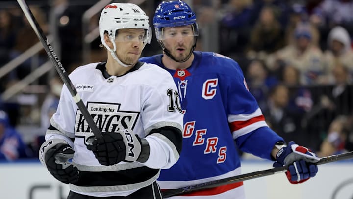 Mar 16, 2026; New York, New York, USA; New York Rangers left wing J.T. Miller (8) talks to Los Angeles Kings left wing Artemi Panarin (10) as he skates by during the third period at Madison Square Garden. Mandatory Credit: Brad Penner-Imagn Images Mar 16, 2026; New York, New York, USA; New York Rangers left wing J.T. Miller (8) talks to Los Angeles Kings left wing Artemi Panarin (10) as he skates by during the third period at Madison Square Garden. Mandatory Credit: Brad Penner-Imagn Images