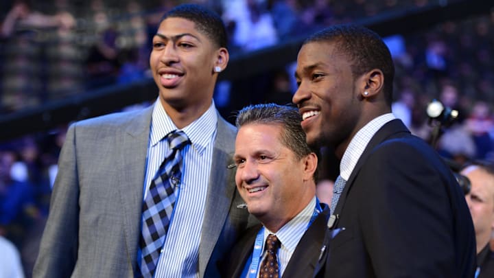 Kentucky Wildcats coach John Calipari (middle) greets former players Anthony Davis (left) and Michael Kidd-Gilchrist (right) before the 2012 NBA Draft at the Prudential Center.  