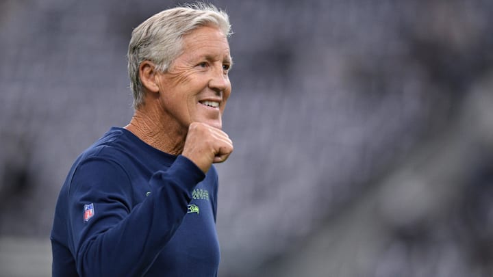 Aug 14, 2021; Paradise, Nevada, USA; Seattle Seahawks manager Pete Carroll gestures before the game against the Las Vegas Raiders at Allegiant Stadium. Mandatory Credit: Orlando Ramirez-Imagn Images