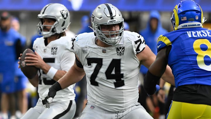 Oct 20, 2024; Inglewood, California, USA; Las Vegas Raiders offensive tackle Kolton Miller (74) provides protection for quarterback Gardner Minshew (15) during an NFL game against the Los Angeles Rams at SoFi Stadium. Mandatory Credit: Robert Hanashiro-Imagn Images