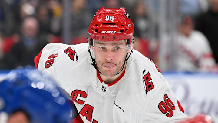 Feb 22, 2025; Toronto, Ontario, CAN;  Carolina Hurricanes forward Mikko Rantanen (96) prepares for a face-off against the Toronto Maple Leafs in the second period at Scotiabank Arena. Mandatory Credit: Dan Hamilton-Imagn Images