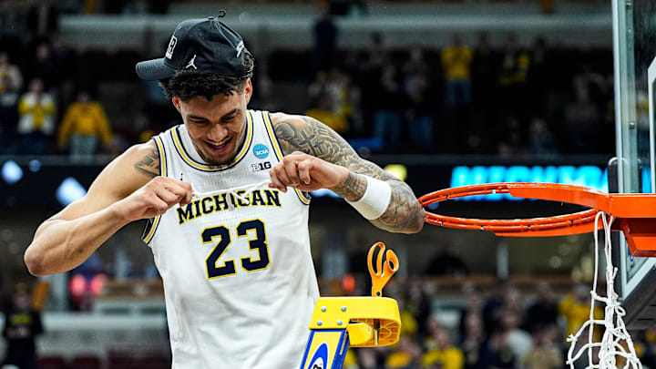 Michigan forward Yaxel Lendeborg (23) celebrates after winning the NCAA Tournament Midwest Regional Champion by defeating Tennessee 95-62 rat United Center in Chicago on Sunday, March 29, 2026. Michigan forward Yaxel Lendeborg (23) celebrates after winning the NCAA Tournament Midwest Regional Champion by defeating Tennessee 95-62 rat United Center in Chicago on Sunday, March 29, 2026.