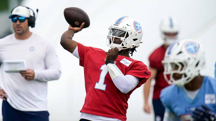 Tennessee Titans quarterback Cam Ward (1) runs drills during OTAs at Vanderbilt Health Football Center in Nashville, Tenn., Thursday, June 11, 2026.