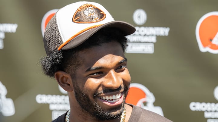 May 10, 2025; Berea, OH, USA; Cleveland Browns quarterback Shedeur Sanders (12) talks to the media during rookie minicamp at CrossCountry Mortgage Campus. Mandatory Credit: Ken Blaze-Imagn Images May 10, 2025; Berea, OH, USA; Cleveland Browns quarterback Shedeur Sanders (12) talks to the media during rookie minicamp at CrossCountry Mortgage Campus. Mandatory Credit: Ken Blaze-Imagn Images