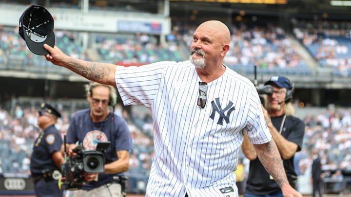 Sep 9, 2023; Bronx, New York, USA;  New York Yankees former pitcher David Wells at Old Timer's Day at Yankee Stadium. Mandatory Credit: Wendell Cruz-USA TODAY Sports