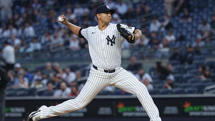 Apr 3, 2025; Bronx, New York, USA; New York Yankees starting pitcher Carlos Carrasco (59) delivers a pitch during the first inning against the Arizona Diamondbacks at Yankee Stadium. Mandatory Credit: Vincent Carchietta-Imagn Images