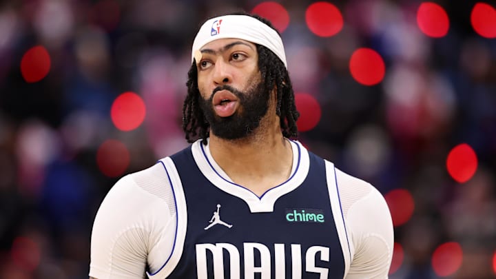 Apr 5, 2025; Inglewood, California, USA;  Dallas Mavericks forward Anthony Davis (3) looks on during the second half against the Los Angeles Clippers at Intuit Dome. Mandatory Credit: Kiyoshi Mio-Imagn Images