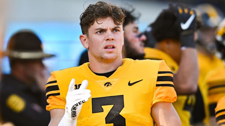 Oct 21, 2023; Iowa City, Iowa, USA; Iowa Hawkeyes defensive back Cooper DeJean (3) reacts during the