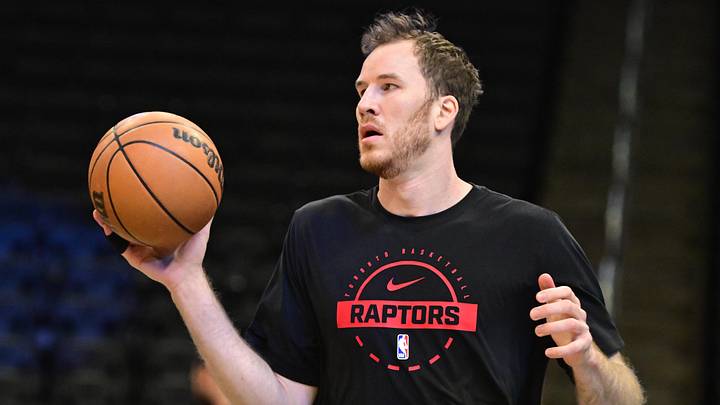 Feb 22, 2026; Milwaukee, Wisconsin, USA; Toronto Raptors center Jakob Poeltl (19) warms up before game against the Milwaukee Bucks at Fiserv Forum. Mandatory Credit: Benny Sieu-Imagn Images
