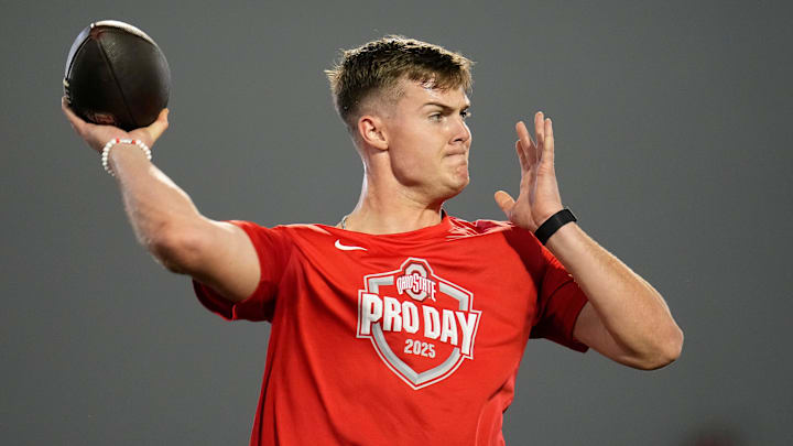 Ohio State Buckeyes quarterback Will Howard throws during the pro day for NFL scouts at the Woody Hayes Athletic Cente on March 26, 2025.