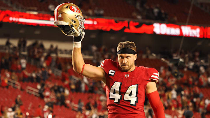 Oct 27, 2024; Santa Clara, California, USA; San Francisco 49ers fullback Kyle Juszczyk (44) raises his helmet as he leaves the field after the game against the Dallas Cowboys at Levi's Stadium.