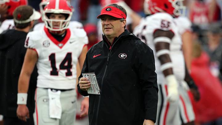 Nov 9, 2024; Oxford, Mississippi, USA; Georgia Bulldogs head coach Kirby Smart looks on during during warm ups prior to the game against the Mississippi Rebels at Vaught-Hemingway Stadium. Mandatory Credit: Petre Thomas-Imagn Images