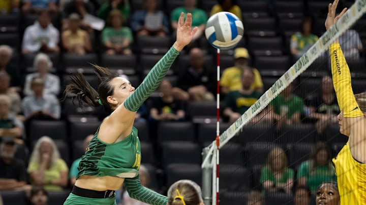 Oregon middle blocker Iva Šucurovic hits during an Oregon volleyball scrimmage at Matthew Knight Arena on Aug. 8, 2025, in Eugene, Oregon.