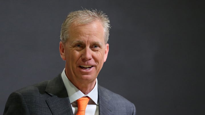 Cleveland Browns head coach Todd Monken chats with reporters after his introductory press conference at the team's training facility, Feb. 3, 2026.