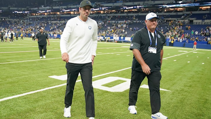 Aug 16, 2025; Indianapolis, Indiana, USA; Indianapolis Colts head coach Shane Steichen walks off the field after the game against the Green Bay Packers at Lucas Oil Stadium. Mandatory Credit: Robert Goddin-Imagn Images