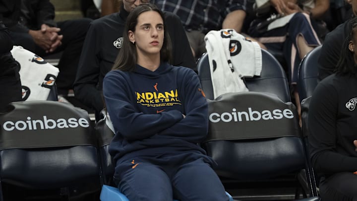 Jul 1, 2025; Minneapolis, Minnesota, USA; Indiana Fever guard Caitlin Clark (22) looks on against the Minnesota Lynx in the second half during the Commissioner's Cup final at Target Center. Mandatory Credit: Jesse Johnson-Imagn Images