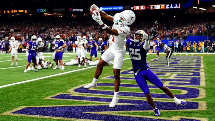 Texas' Adonai Mitchell goes up for the TD catch and counts contested catches as a strength. Texas' Adonai Mitchell goes up for the TD catch and counts contested catches as a strength.