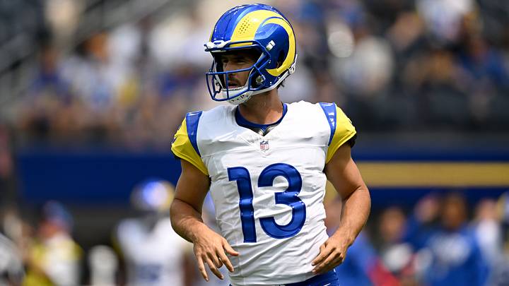 Aug 22, 2026; Inglewood, California, USA;  Los Angeles Rams quarterback Stetson Bennett IV (13) reacts during the first quarter against the New Orleans Saints at SoFi Stadium.  Mandatory Credit: Griffin Hooper-Imagn Images