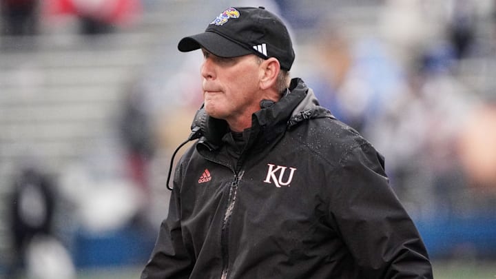Oct 28, 2023; Lawrence, Kansas, USA; Kansas Jayhawks head coach Lance Leipold on the sidelines against the Oklahoma Sooners during the game at David Booth Kansas Memorial Stadium. Mandatory Credit: Denny Medley-Imagn Images Oct 28, 2023; Lawrence, Kansas, USA; Kansas Jayhawks head coach Lance Leipold on the sidelines against the Oklahoma Sooners during the game at David Booth Kansas Memorial Stadium. Mandatory Credit: Denny Medley-Imagn Images