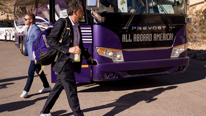Jedd Fisch, Washington's head football coach, gets off the bus as they arrive at the Sun Bowl Stadium in El Paso, Texas, before the 91st Tony the Tiger Sun Bowl on Tuesday, Dec. 31, 2024.