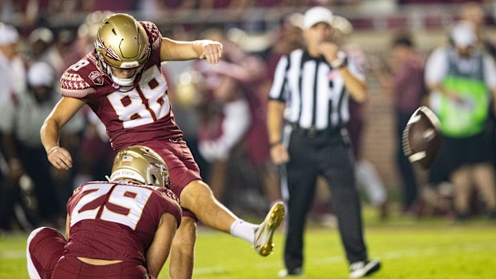 Florida State Seminoles place kicker Ryan Fitzgerald (88) kicks a field goal. The Florida State Seminoles lead the Boston College Eagles at the half 31-0 Saturday, Sept. 24, 2022.

Fsu V Bc289