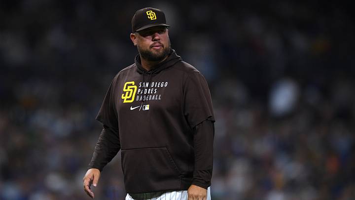 Aug 24, 2021; San Diego, California, USA; San Diego Padres pitching coach Ben Fritz (38) walks to the dugout during the eighth inning against the Los Angeles Dodgers at Petco Park. Mandatory Credit: Orlando Ramirez-USA TODAY Sports Aug 24, 2021; San Diego, California, USA; San Diego Padres pitching coach Ben Fritz (38) walks to the dugout during the eighth inning against the Los Angeles Dodgers at Petco Park. Mandatory Credit: Orlando Ramirez-USA TODAY Sports