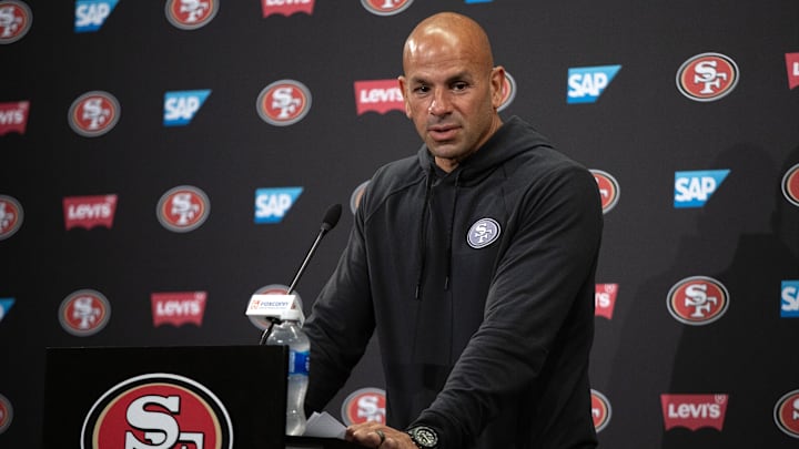 Jun 11, 2025; Santa Clara, CA, USA; San Francisco 49ers defensive coordinator Robert Saleh speaks to the media following a team OTA at Levi's Stadium. Mandatory Credit: D. Ross Cameron-Imagn Images